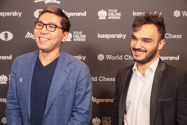 Wesley So and Amin Tabatabaei after Game 1 of the FIDE Grand Prix in Berlin  Semifinals