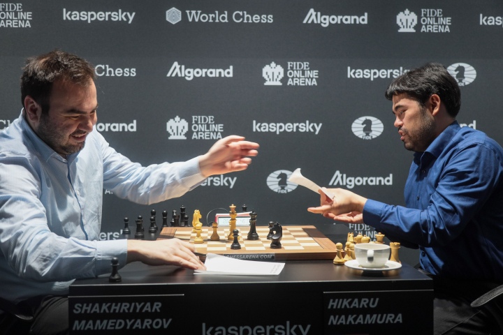 Hikaru Nakamura and Shakhriyar Mamedyarov after Game 2 of the FIDE