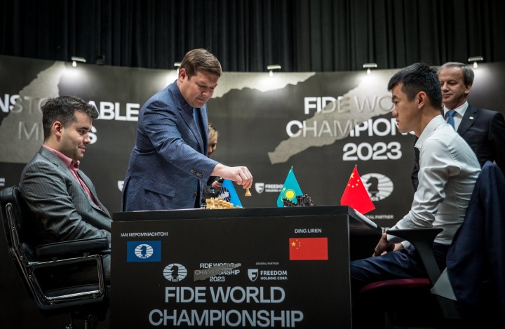 China's Ding Liren plays against Russia's Ian Nepomniachtchi during their FIDE  World Chess Championship in Astana, Kazakhstan, Saturday, April 29, 2023.  Ian Nepomniachtchi and Ding Liren are facing off in the final