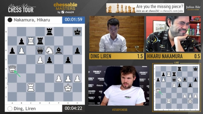 Draw magnus carlsen playing hikaru nakamura