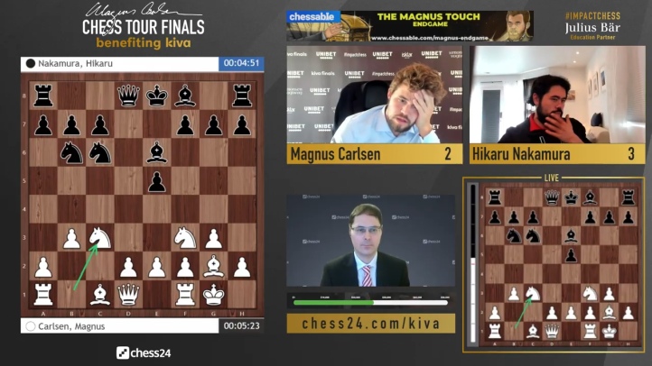 Draw magnus carlsen playing hikaru nakamura