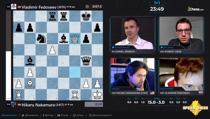 Magnus Carlsen vs GM Vladimir Fedoseev, Blitz Match 3+1, ChessCom