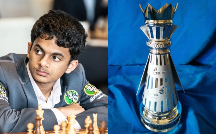 FIDE - International Chess Federation - Doubles chess. Nihal Sarin, Parham  Maghsoodloo FIDE Chess.com Grand Swiss: Opening Ceremony, 9 October 2019  Photo by John Saunders.